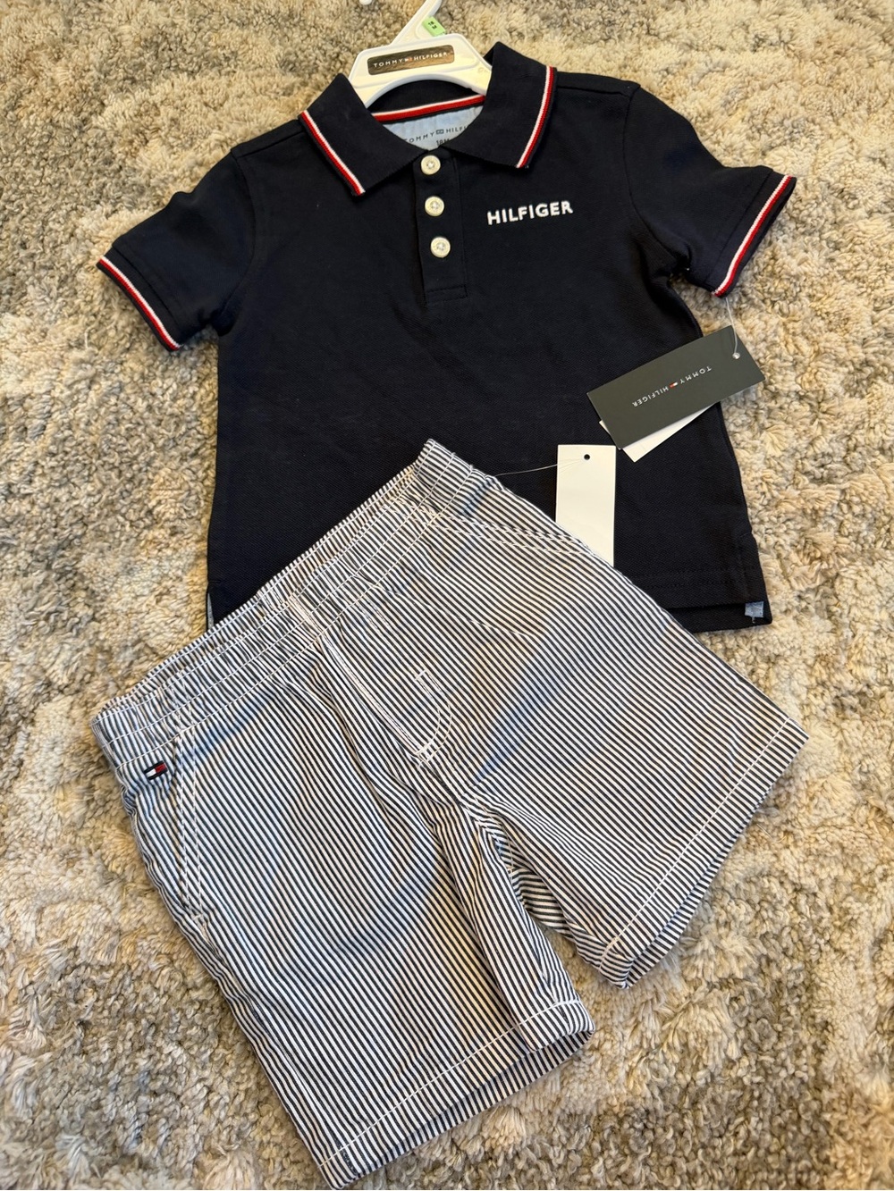 Tommy Hilfiger Navy Polo with Red-Trim & White-Striped Shorts Set